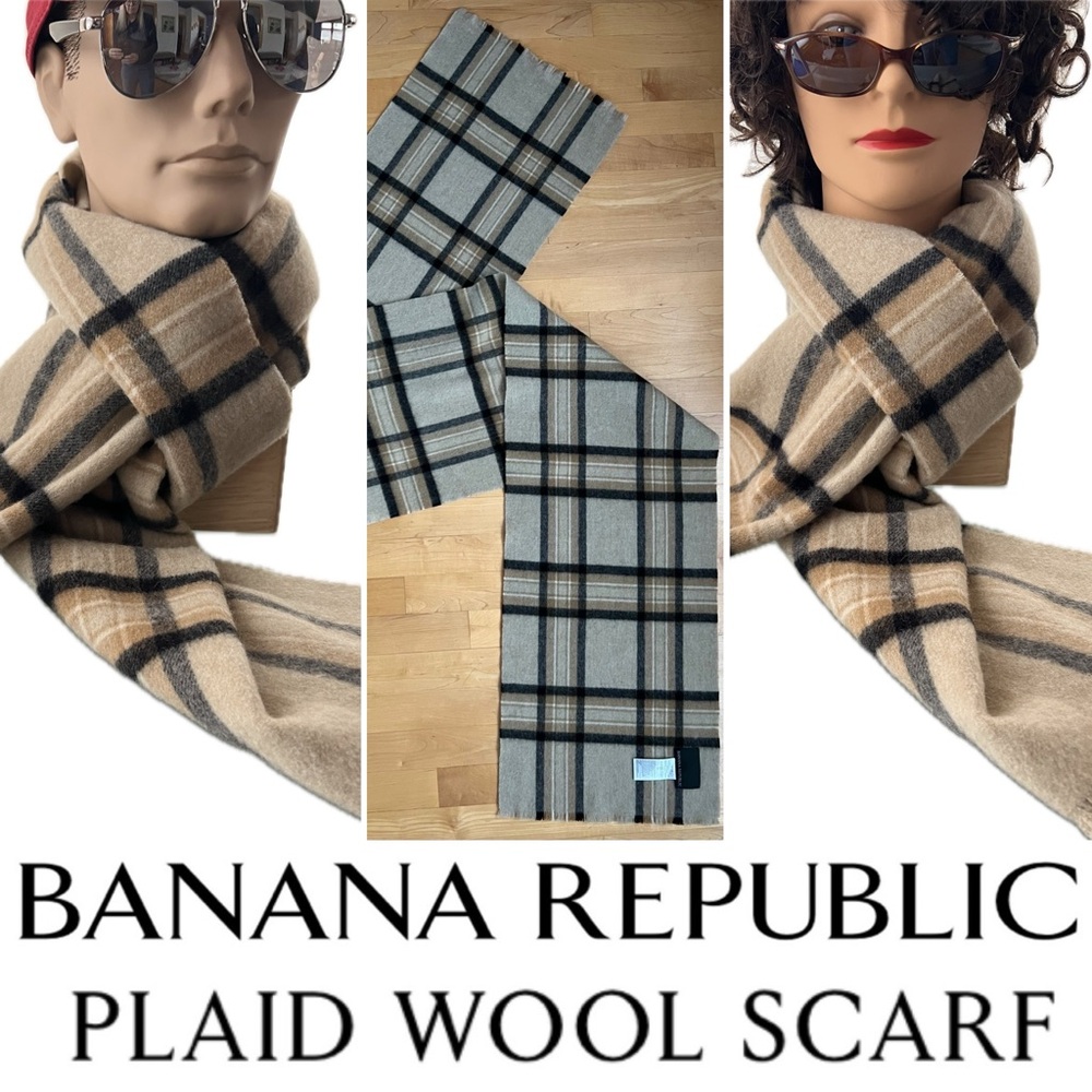 🐑NWOT? Soft Plaid Wool Banana Republic Unisex Scarf | Black & Tan/Maverick Tan